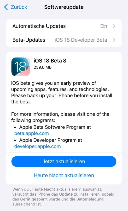 乡城苹果手机维修分享苹果 iOS / iPadOS 18 开发者预览版 Beta 8 发布 